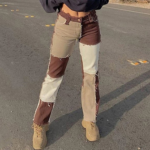 Autumn Brown Women Cowboy Striped Patchwork Jeans Street Casual Hip Hop High Waist Loose Straight Jeans Women's Pants