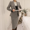 Autumn Casual Plaid 2 Pieces Set feminino One Button Slim Blazer & Mid-length Skirt Elegant Houndstooth Women Skirt Suit