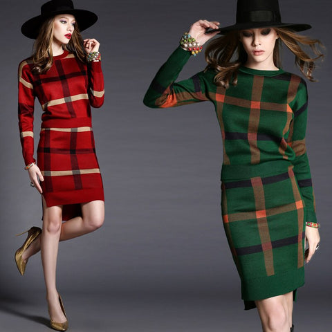 Autumn Celebrities Suit Women Skirt Long Sleeve 2 Piece Set Office Womens Suits And Skirts Stripe Wool Knitwear Sweater Skirt
