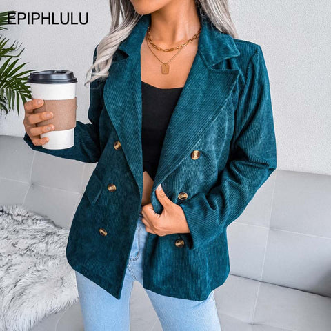 Autumn Corduroy Blazer Women Double Breasted Blazers and Jackets Winter Black Blazer Coat Female Office Lady 2023