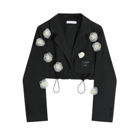 Autumn Cropped Single Breasted Short Suit Blazer Flower Black Suit Jacket Women's Vintage Long Sleeve Outerwear Chic Veste Femme