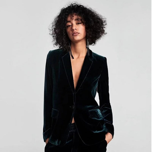 Autumn Dark Green Velvet Suit Jacket Office Ladies Jacket Female Elegant One Button Long Sleeve Blazer