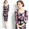 Autumn Elegant Double Layer Mesh Lily Flower Dress Women Square Collar Floral Printed Draped Sheath Stretchy Party Midi Vestidos