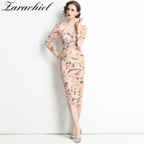 Autumn Elegant Double Layer Mesh Lily Flower Dress Women Square Collar Floral Printed Draped Sheath Stretchy Party Midi Vestidos