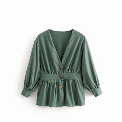 Autumn Elegant Office Lady Green White Shirt Button Pleated Long Sleeve Work Tunic V-Neck Tops And Blouses Women Camisas Blusas