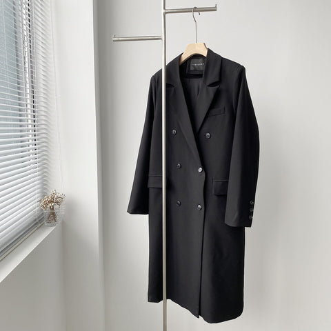 Autumn Elegant Women Black Long Blazer Long Sleeve Loose Double Button Winter Thicken Long Coat