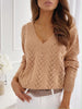 Autumn Hollow Out Pullovers Women Casual V Neck Knitted Sweaters Elegant Loose Long Sleeve Knitwear Female Solid Jumpers