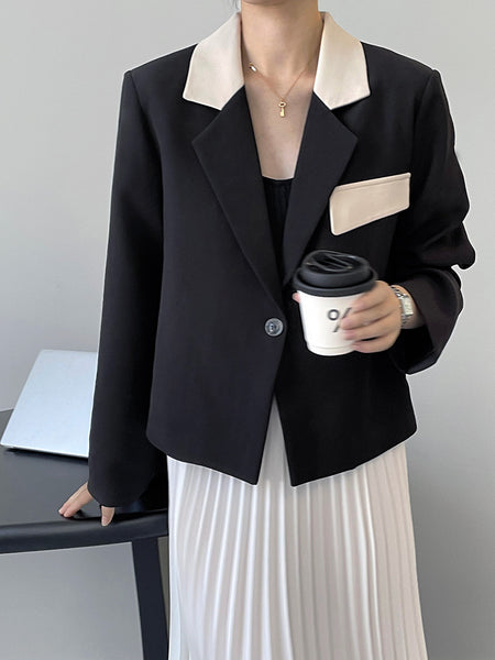 Autumn Loose Classic Elegant Contrast Color Single Button Notched Long Sleeve Casual Blazers Women Lady Outwear Jackets