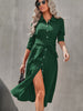 Autumn Midi Shirt Dress Women Long Sleeve Lace-up Dress Casual Elegant Lapel Office Dress With Belted Slim Solid Dresses