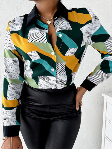 Autumn Print Blouse For Women Casual Long Sleeve Tops Elegant Office Lady Shirt Loose Streetwear Turn-down Collar Blouse