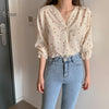 Autumn Sexy Blouse Women V-neck Love Print Shirt Sweet Long Sleeve Loose Petal Sleeve Tops Fall Clothing