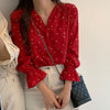 Autumn Sexy Blouse Women V-neck Love Print Shirt Sweet Long Sleeve Loose Petal Sleeve Tops Fall Clothing