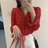 Autumn Sexy Blouse Women V-neck Love Print Shirt Sweet Long Sleeve Loose Petal Sleeve Tops Fall Clothing
