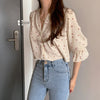 Autumn Sexy Blouse Women V-neck Love Print Shirt Sweet Long Sleeve Loose Petal Sleeve Tops Fall Clothing