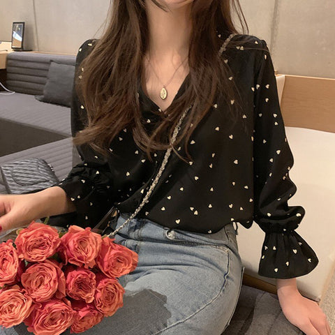 Autumn Sexy Blouse Women V-neck Love Print Shirt Sweet Long Sleeve Loose Petal Sleeve Tops Fall Clothing