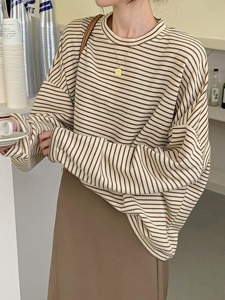 Autumn Stripe T-Shirts Women Casual Long Sleeve Tops Elegant Loose Korean Knitwear Female Vintage O Neck Pullover Tops