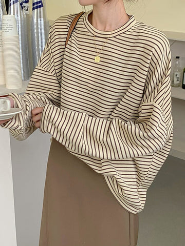 Autumn Stripe T-Shirts Women Casual Long Sleeve Tops Elegant Loose Korean Knitwear Female Vintage O Neck Pullover Tops