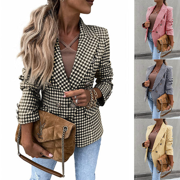 Autumn Turn-Down Collar Women Outerwear Office Lady Elegant Plaid Print Blazer Coat Spring Casual Long Sleeve Jacket