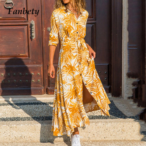 Autumn  V Neck Tie-Up Belt Party Dress Women Retro Print Single-Breasted Maxi Dress Casual Button Long Sleeve Shirt Dress