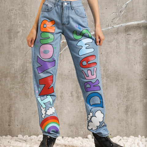 Autumn Women's Jeans Rainbow Print Straight Jeans Vintage Clothing Casual Cotton Loose Fitted Streetwear Pants