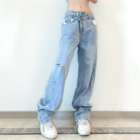 Autumn Women's Jeans Wide Leg Baggy Jean Vintage Clothing High Street Wear Trousers Girls Cargo Ripped Pants for Female