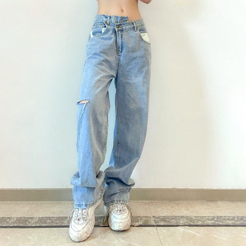 Autumn Women's Jeans Wide Leg Baggy Jean Vintage Clothing High Street Wear Trousers Girls Cargo Ripped Pants for Female