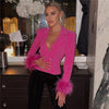 Autumn Full Sleeve Feathers Women's Blazer Elegant Notched Double Breasted Bodycon Jacket Casual Cropped Blazer