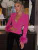 Autumn Full Sleeve Feathers Women's Blazer Elegant Notched Double Breasted Bodycon Jacket Casual Cropped Blazer