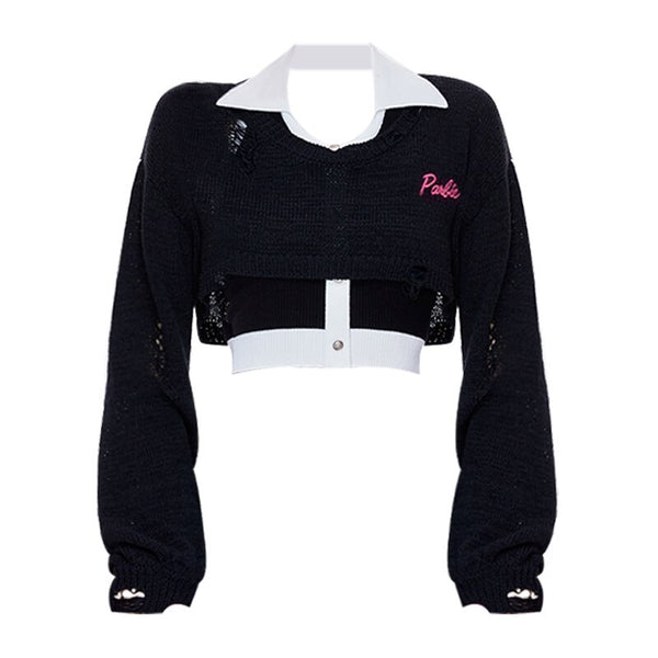 Autumn Hollowed Out Y2K Knitted Sweaters Women Sexy Suspenders 2 Piece Suit Korean Short Chic Wild Casual Pullovers Kawaii Tops