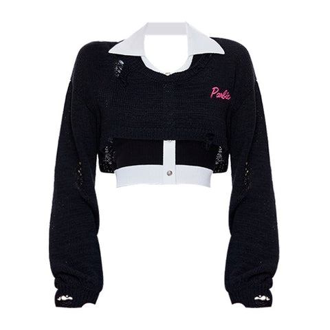 Autumn Hollowed Out Y2K Knitted Sweaters Women Sexy Suspenders 2 Piece Suit Korean Short Chic Wild Casual Pullovers Kawaii Tops