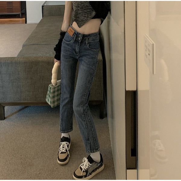 Autumn Jeans Woman High Waist Loose Straight Slim Fit Thin Zipper Pants Pockets Streetwear Female Denim Cropped Trousers