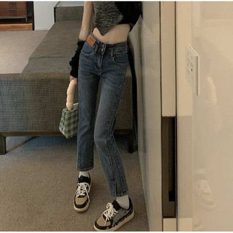 Autumn Jeans Woman High Waist Loose Straight Slim Fit Thin Zipper Pants Pockets Streetwear Female Denim Cropped Trousers
