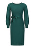 Autumn Knit Dress Elegant Long Sleeve Women Dress O Neck Green Knitted Sweater Dress With Belted Pleat Midi Female Party Dresses