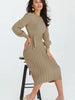 Autumn Knit Dress Elegant Long Sleeve Women Dress O Neck Green Knitted Sweater Dress With Belted Pleat Midi Female Party Dresses