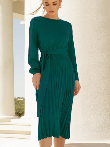 Autumn Knit Dress Elegant Long Sleeve Women Dress O Neck Green Knitted Sweater Dress With Belted Pleat Midi Female Party Dresses