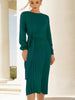 Autumn Knit Dress Elegant Long Sleeve Women Dress O Neck Green Knitted Sweater Dress With Belted Pleat Midi Female Party Dresses