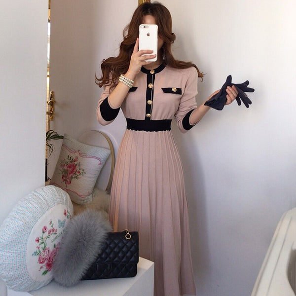 Autumn Korean Elegant Knitted Dresses Women Slim A-line High Waist Pleated Dress Female 2022 Gentle Lady Long sweater Base Dress