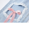 Autumn Korean Ripped Jeans For Women's 2022 Harajuku Kawaii Pink Bow Design Trousers Y2K High Waist Girl Wide Leg Jeans