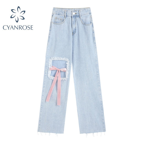 Autumn Korean Ripped Jeans For Women's 2022 Harajuku Kawaii Pink Bow Design Trousers Y2K High Waist Girl Wide Leg Jeans