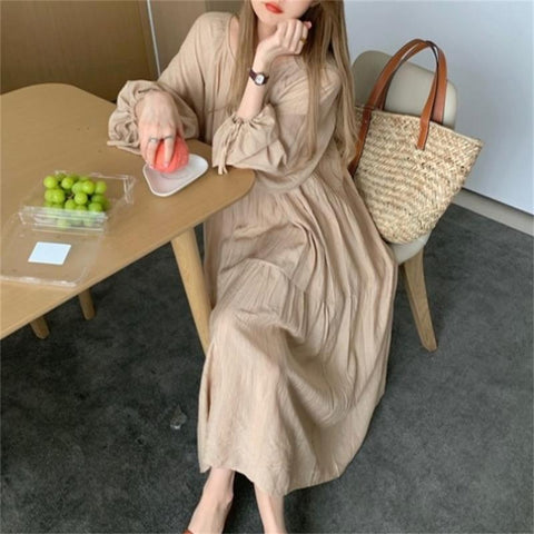 Autumn Korean Style Sweet Loose Boho Pullover Dresses For women O neck Long Sleeve Robe Brown Solid Color Long Maxi Vestidos New