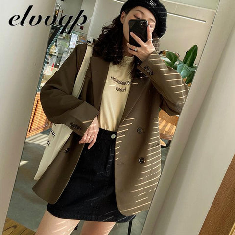 Autumn Korean Vintage Blazers Women Art Style Loose Notched Double Breasted Blazer Female All Match Casual Clothing