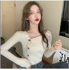Autumn Ladies Irregular Neck Office Chic Sweater Single-breasted Knitted Cardigan Solid Long Sleeve Button Top Women Pullovers