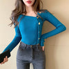 Autumn Ladies Irregular Neck Office Chic Sweater Single-breasted Knitted Cardigan Solid Long Sleeve Button Top Women Pullovers