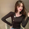Autumn Ladies Irregular Neck Office Chic Sweater Single-breasted Knitted Cardigan Solid Long Sleeve Button Top Women Pullovers