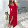 Autumn Maxi Dress Woman Black Green Casual V-neck Long Sleeve Hem Slit Elegant Party Dresses Winter For Women Robe Femme