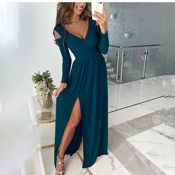 Autumn Maxi Dress Woman Black Green Casual V-neck Long Sleeve Hem Slit Elegant Party Dresses Winter For Women Robe Femme