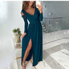 Autumn Maxi Dress Woman Black Green Casual V-neck Long Sleeve Hem Slit Elegant Party Dresses Winter For Women Robe Femme