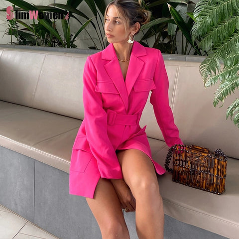 Autumn Neon Pink Blazer Dress Turn-down Collar Belt Coat Casual Women Long Sleeve Pocket Jacket Single Suit 2023 Female Clothes