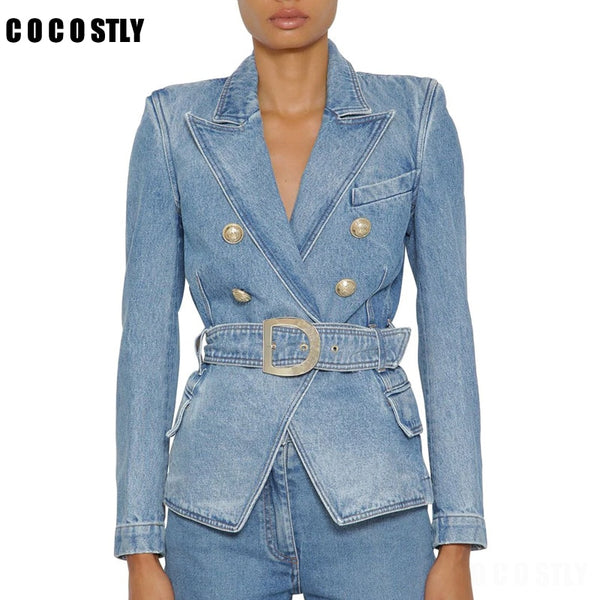 Autumn Classic Denim Suit For Women Double Breasted Jean Blazer Jacket Tops Women Casual Long Sleeve With Belt Denim Coat