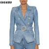 Autumn Classic Denim Suit For Women Double Breasted Jean Blazer Jacket Tops Women Casual Long Sleeve With Belt Denim Coat